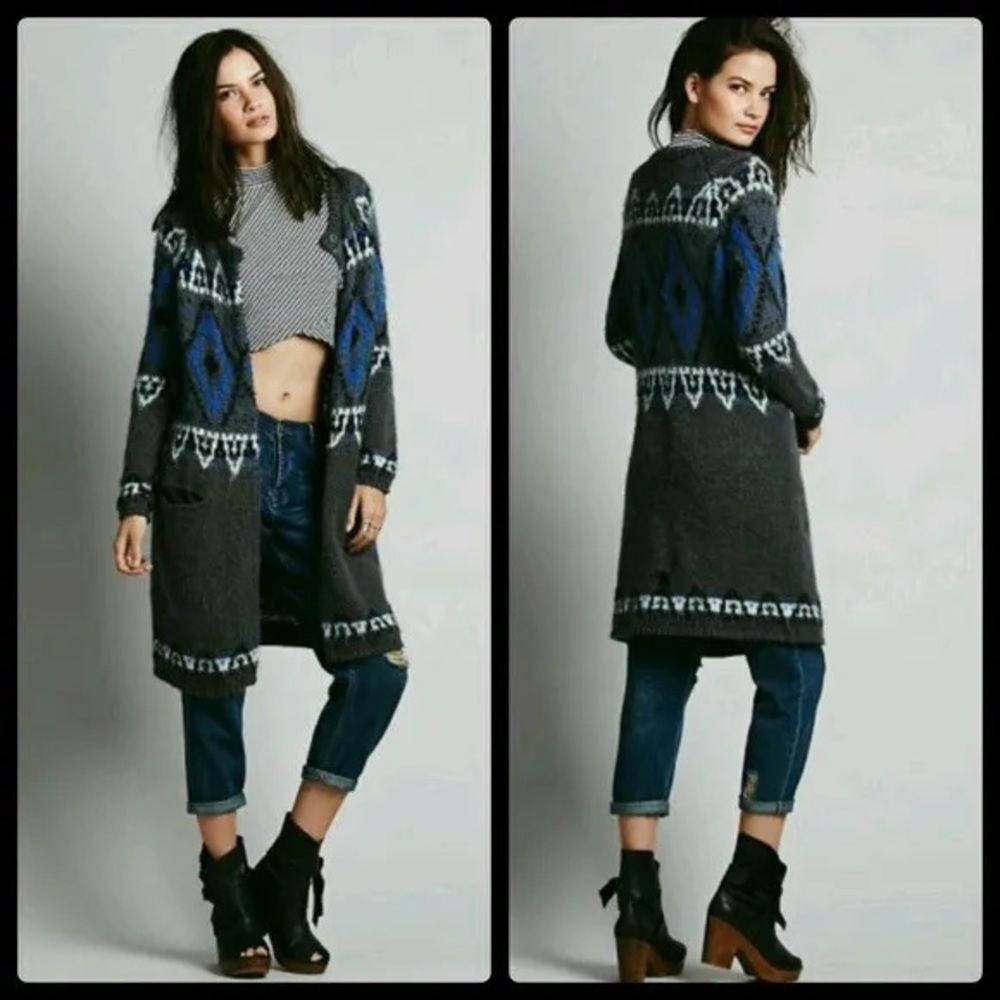 FREE PEOPLE MOHAIR GREY COMBO FROSTED FAIR ISLE CARDIGAN SWEATER SIZE SMALL